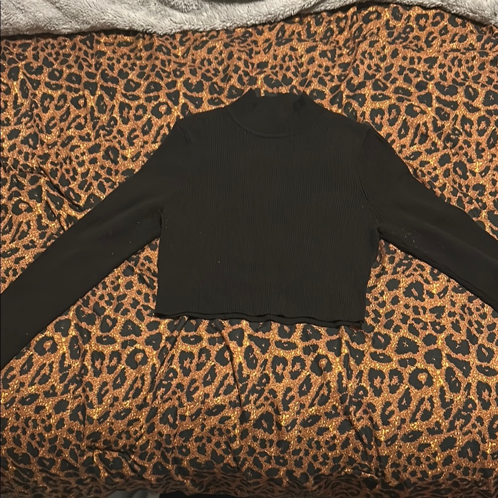 Black Ribbed Long Sleeve Crop Top